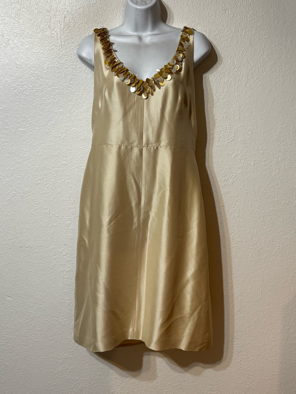 Y2K Vintage Banana Republic Silk Satin Gold Paillette Sequin Shift Dress Size 8